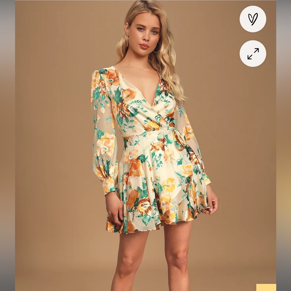 ASTR the Label Aja Cream Multi Floral Print Long Sleeve Wrap Mini Dress
